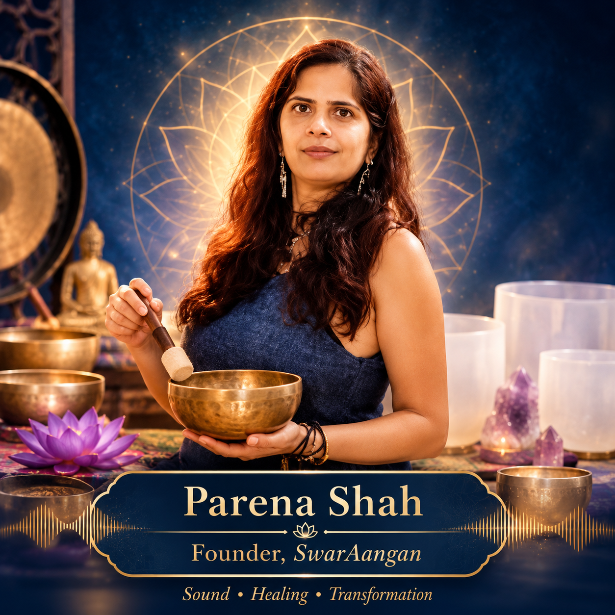 Parena Shah holding a Tibetan singing bowl