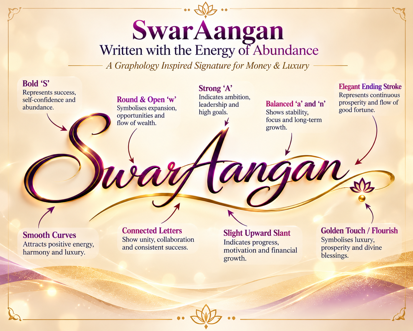 SwarAangan graphology reference explaining the letter forms and flourishes of its signature