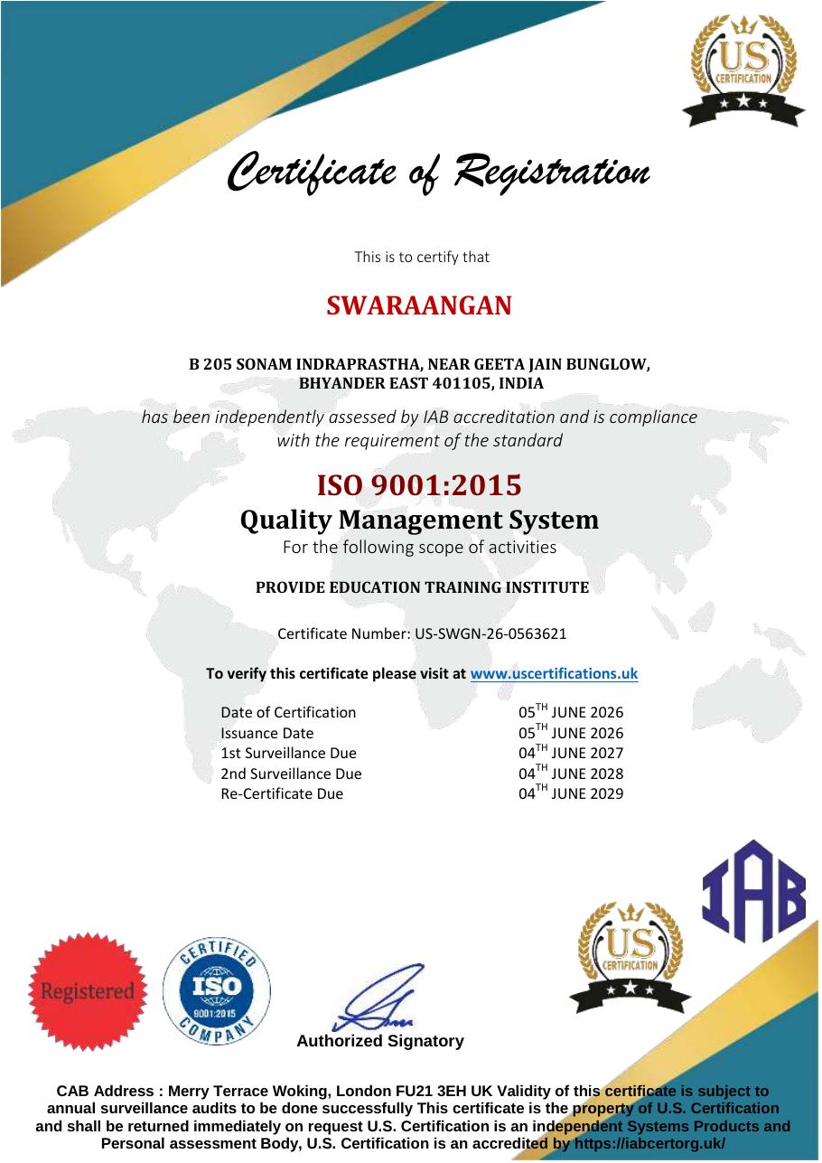 SwarAangan ISO 9001:2015 certificate