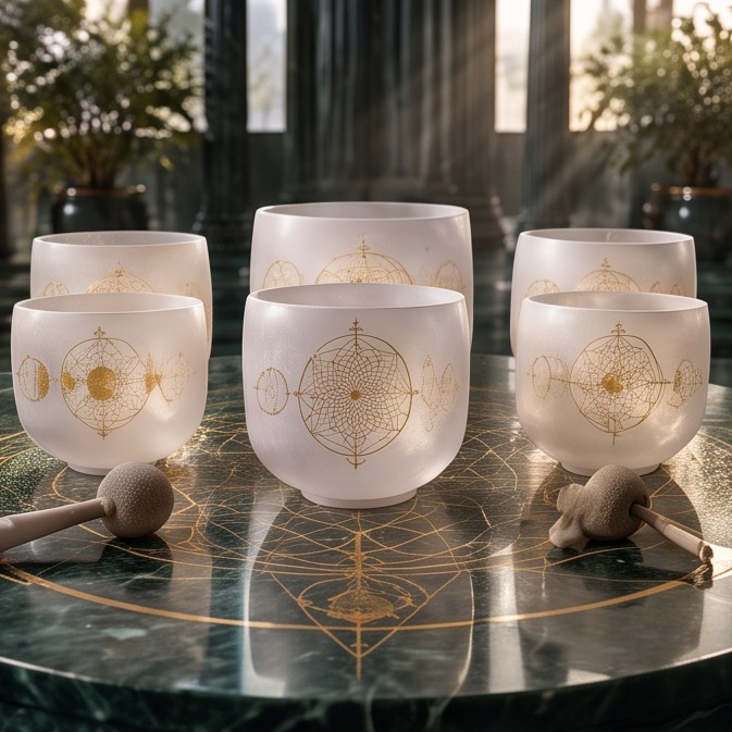 Crystal singing bowls arranged on engraved stone