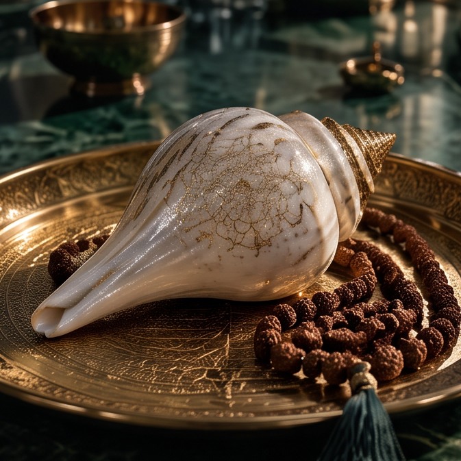 Conch, rudraksha beads and a brass devotional vessel